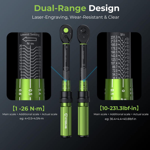 ETOOLAB 1/2 Torque Wrench Dual-Range【20-230Nm/10-170lbf-ft】±3% Precision, 72 Tooth Dual-Direction Adjustable Torque Wrench for Bicycle, Moto, Car Maintenance—3pcs