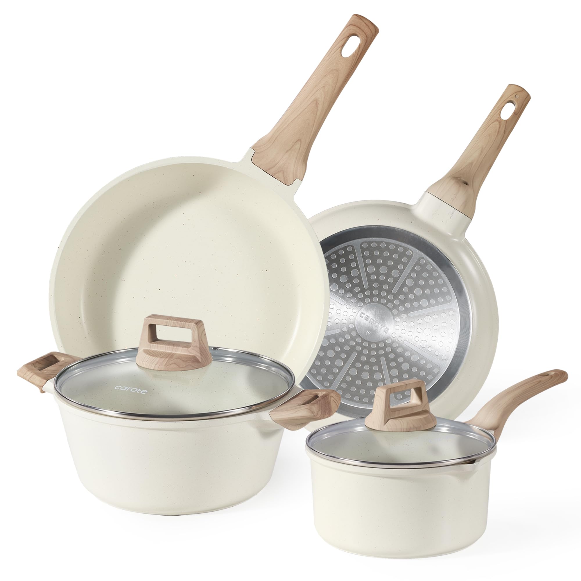 CAROTE Pots and Pans Sets Non Stick, 8 PCS White Granite Induction Hob Pan Set, Natural Non Toxic Cooking Cookware Set with Saucepan Set,Suitable for All Stoves