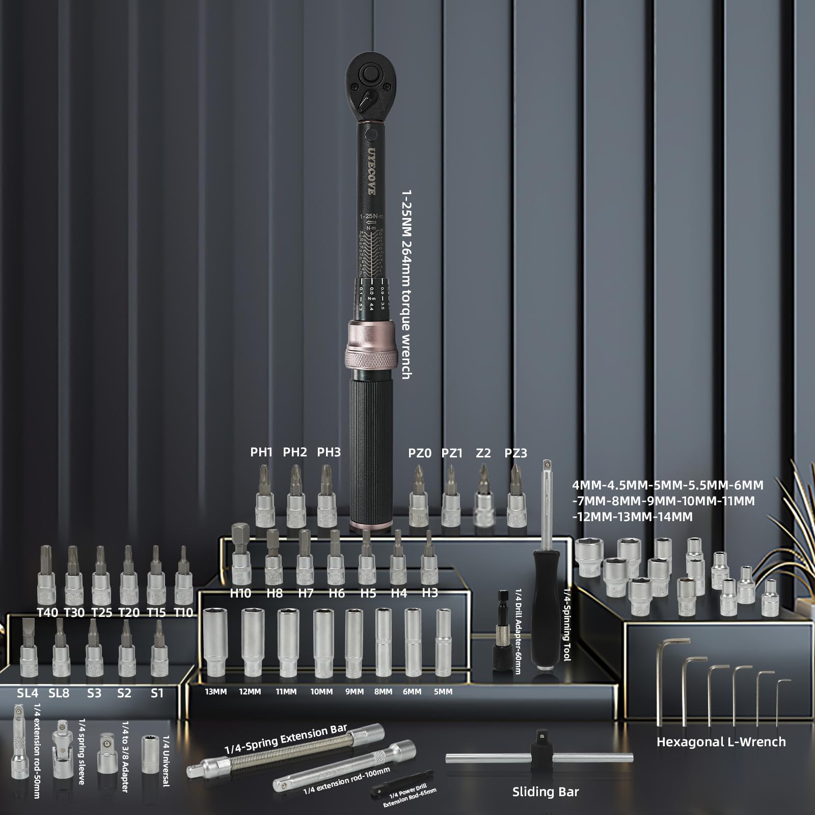 Torque Wrench 1/4 Bike Torque Wrench 1-25nm Torque Wrench Set 63ps with 100mm Extension bar and Socket