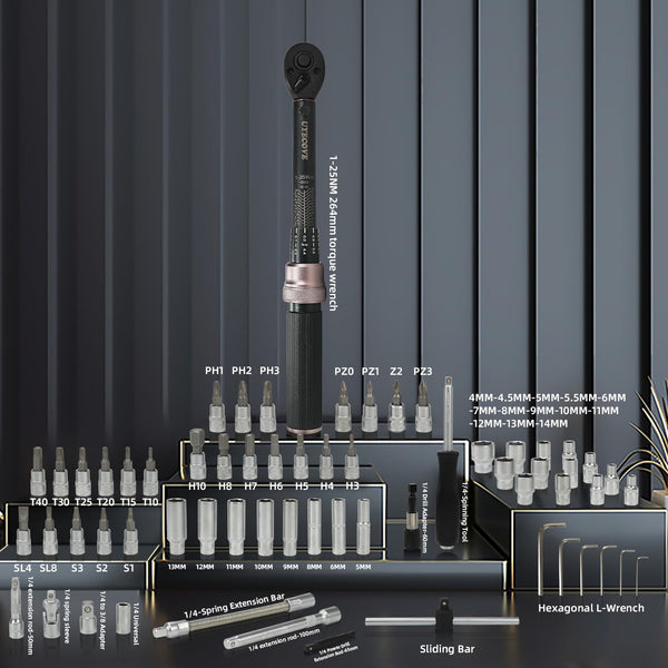 Torque Wrench 1/4 Bike Torque Wrench 1-25nm Torque Wrench Set 63ps with 100mm Extension bar and Socket