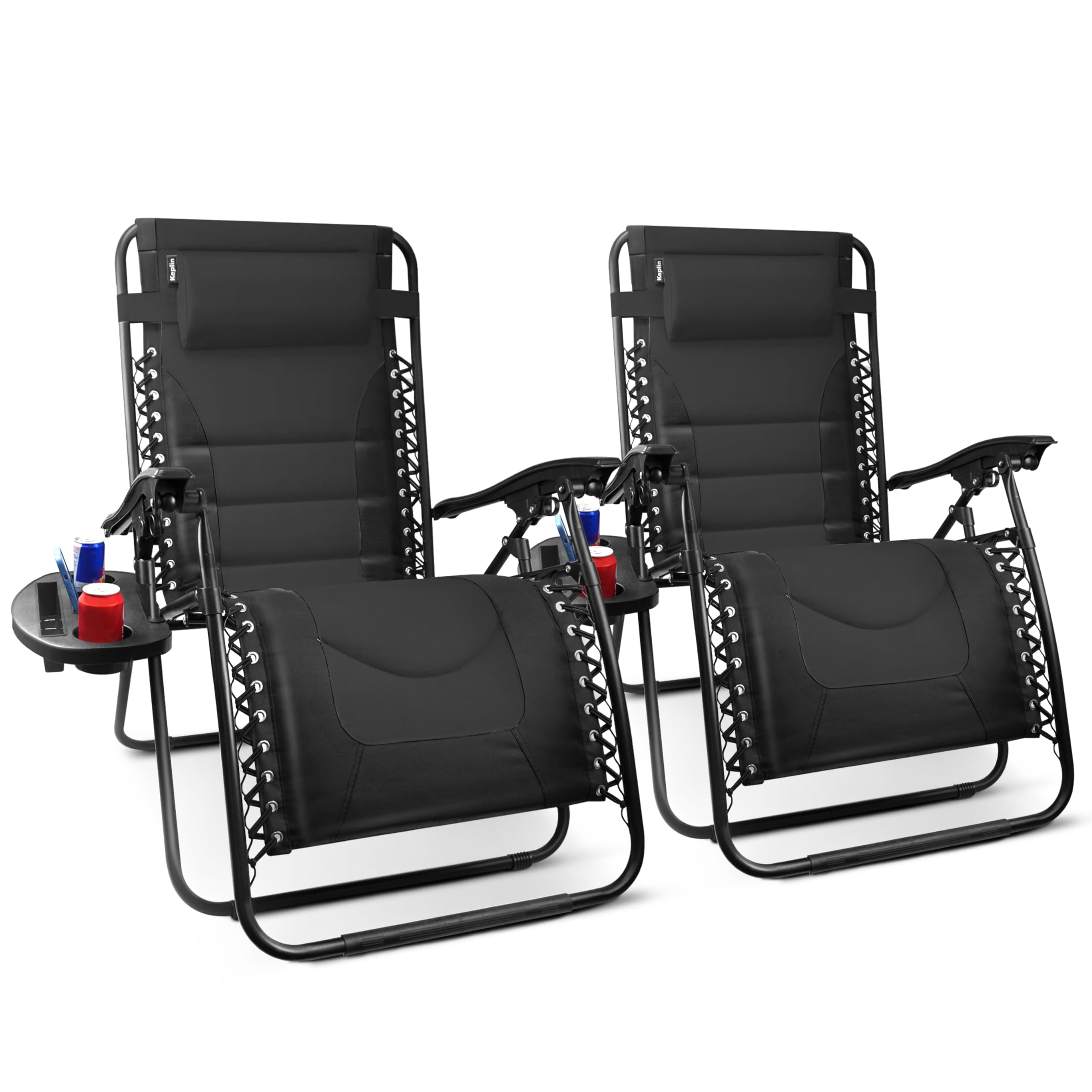 KEPLIN Set of 2 XXL Premium Heavy Duty Padded Zero Gravity Chairs - Luxurious Garden Recliners, Adjustable Headrest, Cup & Phone Holder, Foldable, Easy to Clean Patio Sun Loungers(Black)