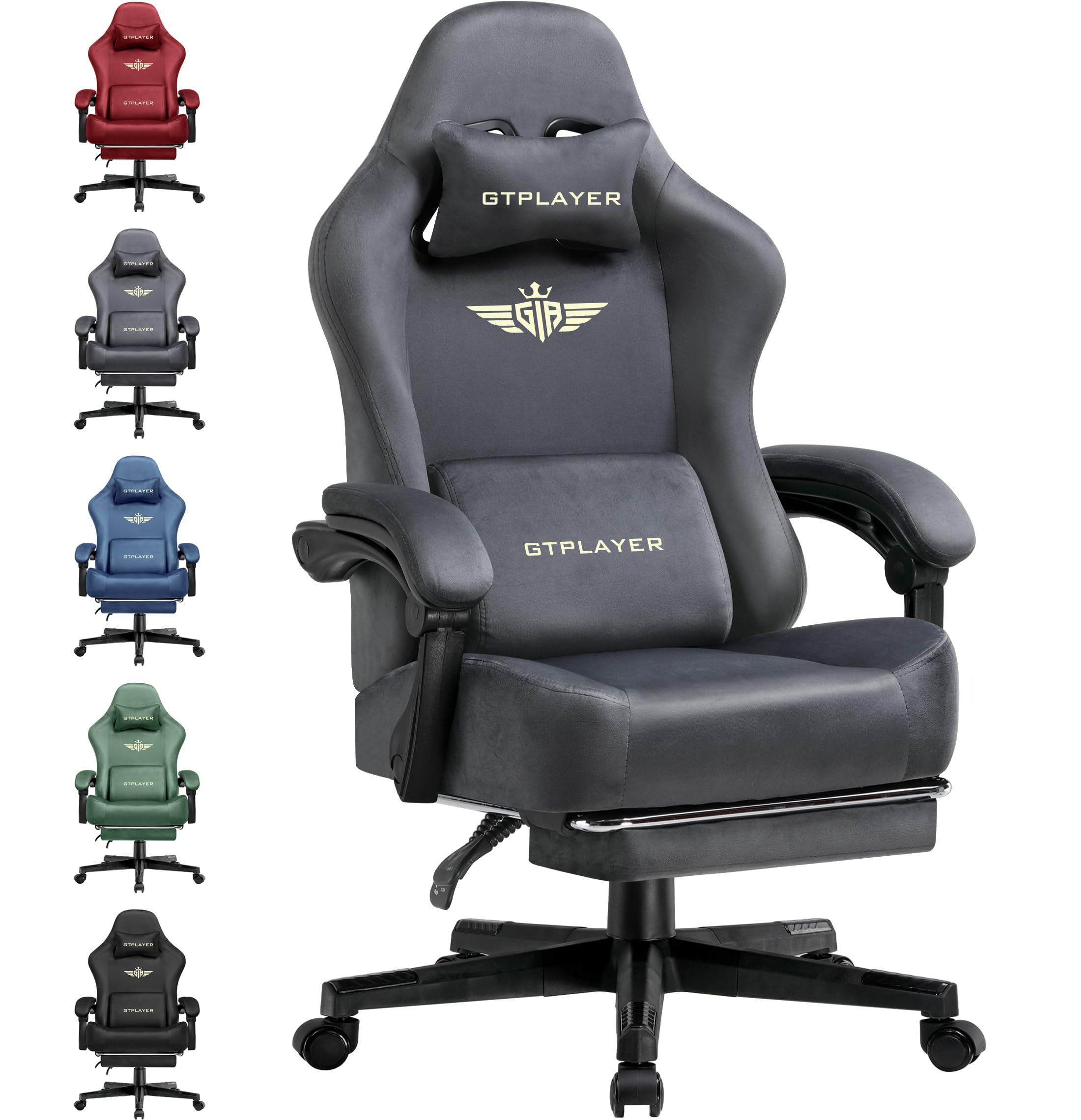 GTPLAYER Fabric Gaming Chair, Ergonomic Computer Chair with Footrest and Lumbar Support Height Adjustable Home Office with 360°-Swivel Seat and Headrest
