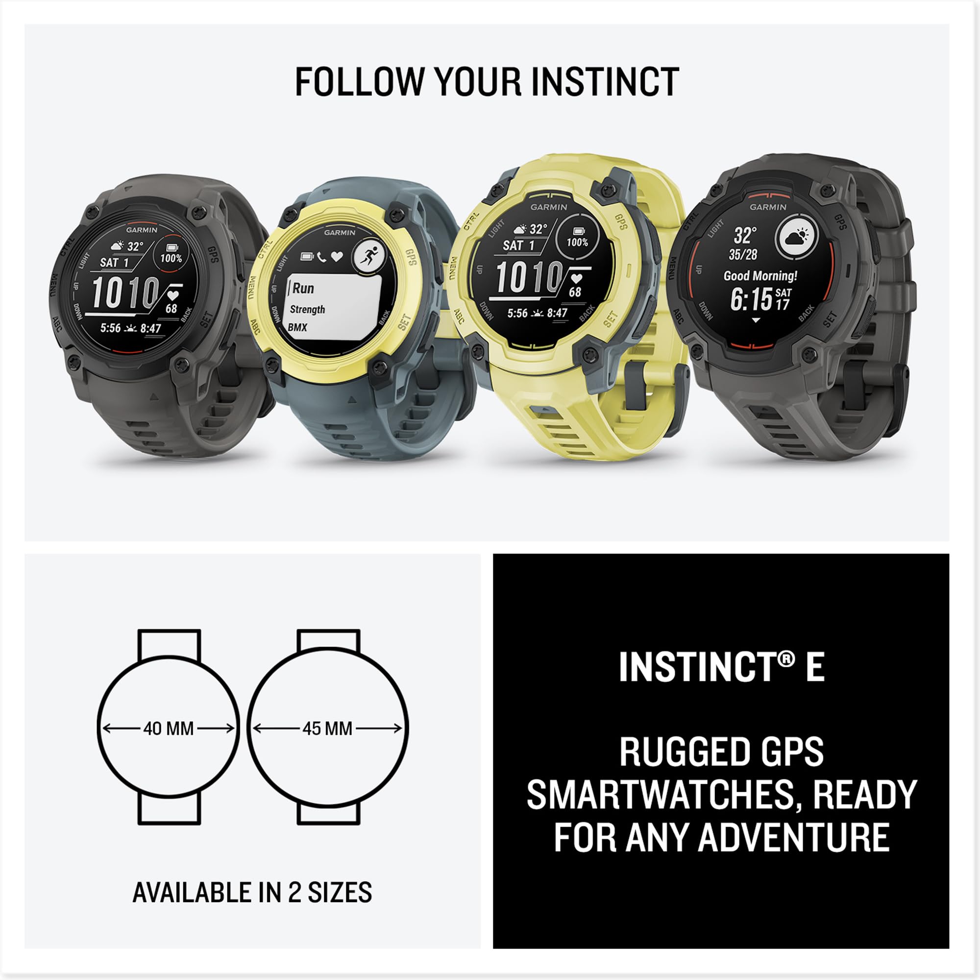 Garmin Instinct E GPS 45mm Smartwatch, Rugged watch with essential smart features, Built-in Sports Apps, Supertough Design Features, up to 16 days Battery Life, Electric Lime