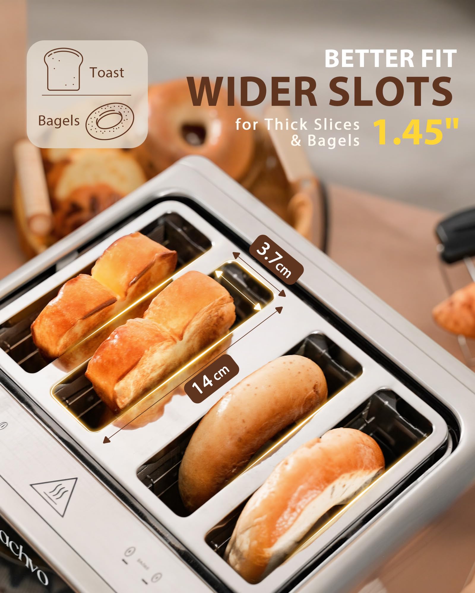 ZACHVO Toaster 4 Slice with Independent Dual Controls & Extra-Wide 1.45" Slots – Smart Touchscreen Toasters with 6 Browning Levels, Auto Shutoff, Defrost & Reheat, Sandwich Clip & Warming Rack