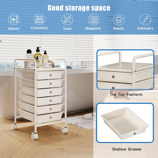 Johgee 6 Drawers Plastic Storage Cart, Multipurpose Mobile Organizer Shelving Unit with Lockable Wheels, Rolling Cart Storage Trolley for Home Office