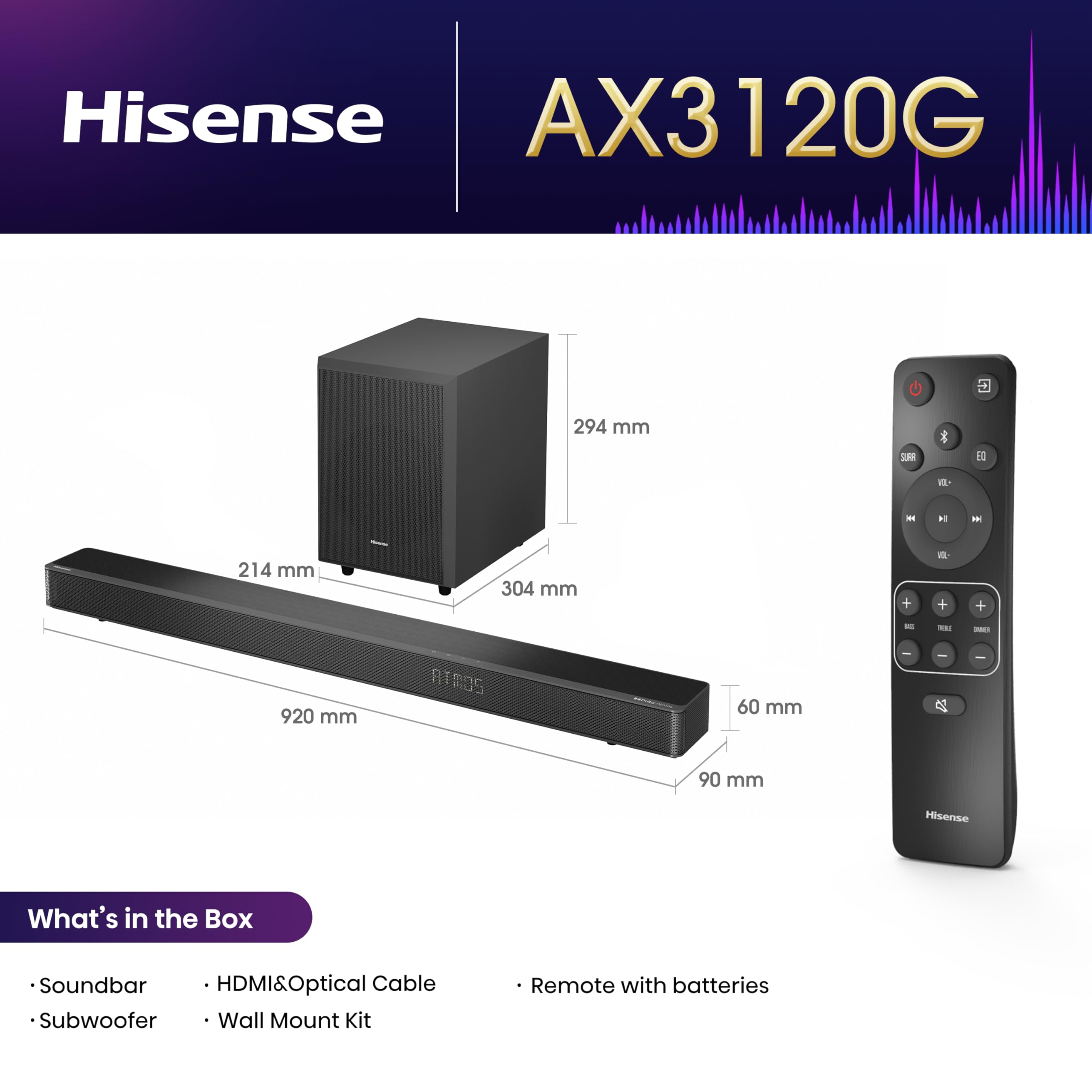 Hisense AX5125H 5.1.2 Channel 500W Dolby Atmos Soundbar with Wireless Subwoofer& Up Firing Speakers& Turly Wireless Rear Speakers