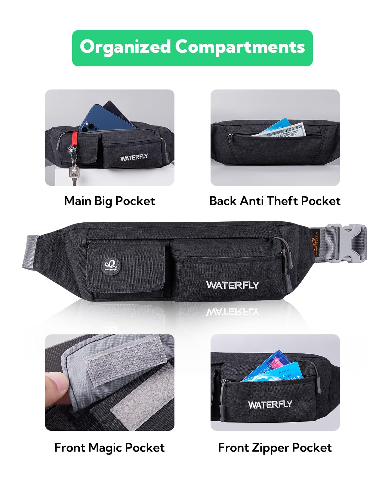 Waterfly Waist Bag Pack Slim Water Resistant Fanny Pack Travel Bum Bag Running Belt for Traveling Cycling Hiking Camping