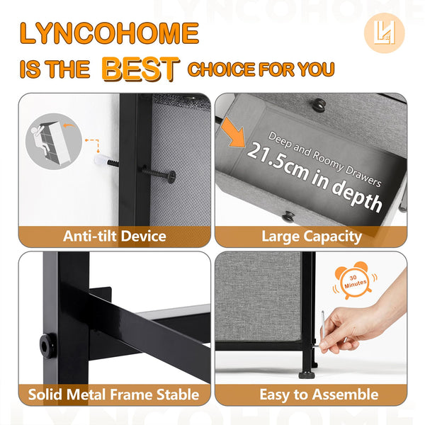 LYNCOHOME Chest of Drawer Bedroom, Drawers Storage Unit, Fabric Dresser with Metal Frame and Wooden Top, for Bedroom Living room, Nursery, Closet