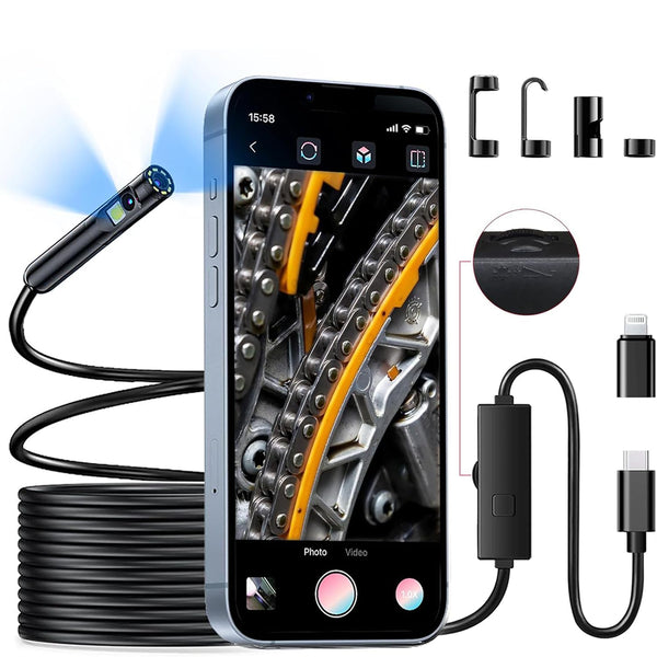 Dual Lens Endoscope Inspection Camera, 1080p HD Endoscope Semi-Rigid Inspection Camera with 8+1 Adjustable LED Lights, 7.9mm IP67 Waterproof Probe Drain Camera for Android and iOS (16.5 ft / 5 m)