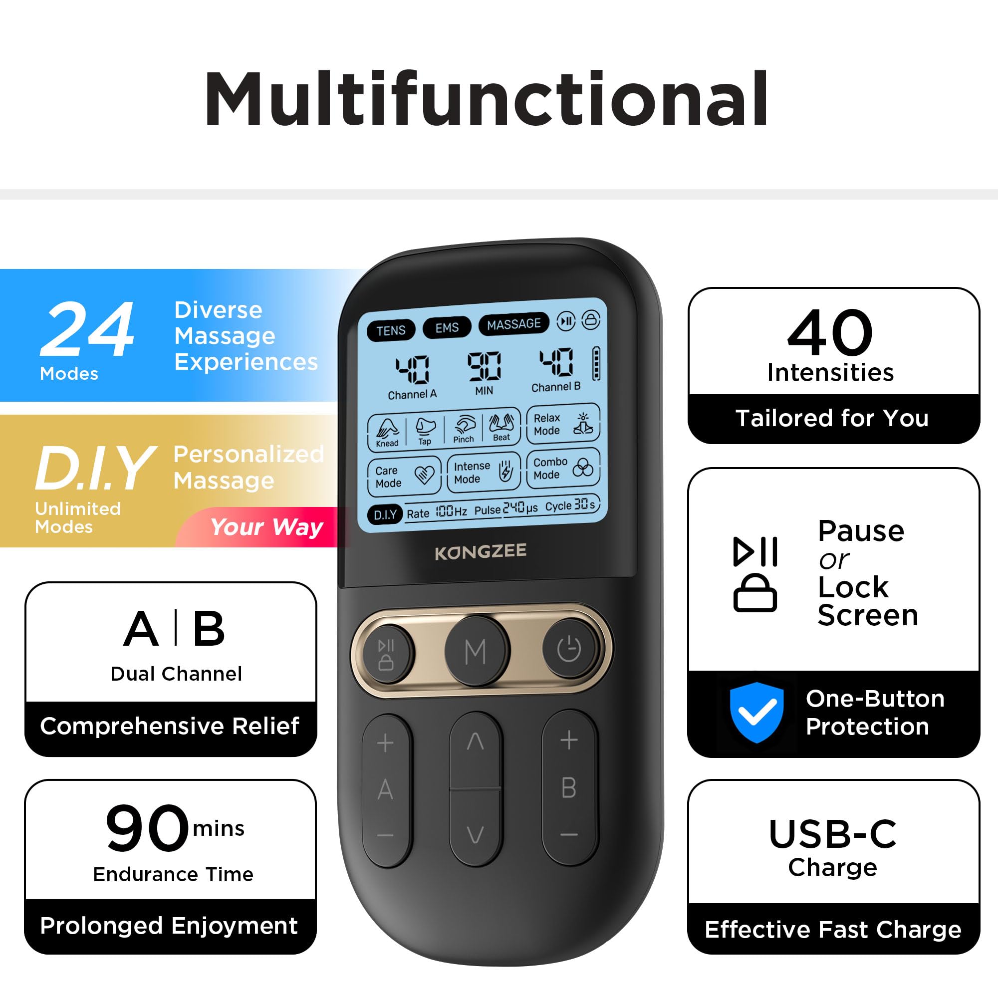 4 in 1 - D.I.Y & Tens Unit & EMS & Massage Muscle Stimulator, Dual Channel Therapy Machine for Pain Relief, FDA Cleared Rechargeable Electronic Pulse Massager,with 12pcs Electrode Pads