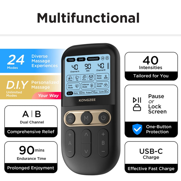 4 in 1 - D.I.Y & Tens Unit & EMS & Massage Muscle Stimulator, Dual Channel Therapy Machine for Pain Relief, FDA Cleared Rechargeable Electronic Pulse Massager,with 12pcs Electrode Pads