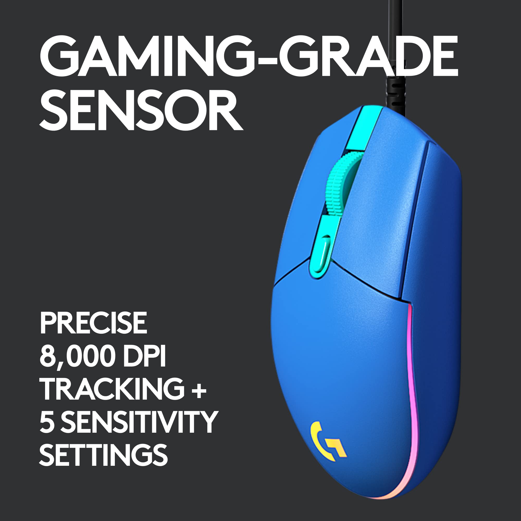 Logitech G203 LIGHTSYNC Gaming Mouse with Customizable RGB Lighting, 6 Programmable Buttons, Gaming Grade Sensor, 8K DPI Tracking, Lightweight - Lilac