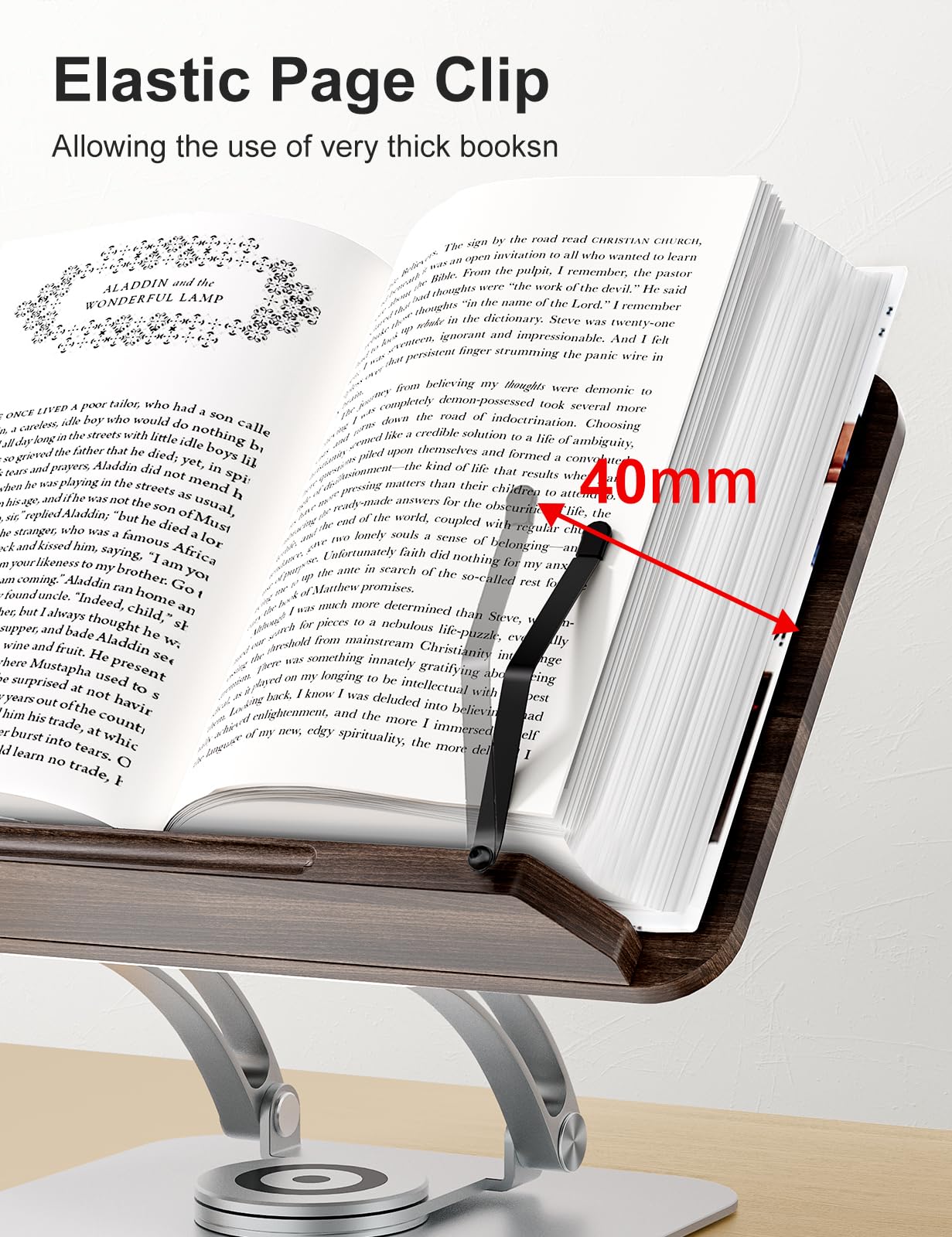 Tounee Book Stand for Reading, Adjustable Book Holder with 360 Swivel Base, Foldable Cookbook Stand Recipe Book Holder with Elastic Page Clips for
