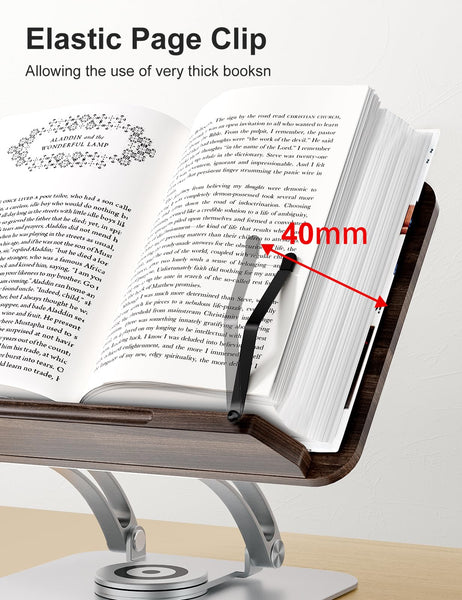 Tounee Book Stand for Reading, Adjustable Book Holder with 360 Swivel Base, Foldable Cookbook Stand Recipe Book Holder with Elastic Page Clips for