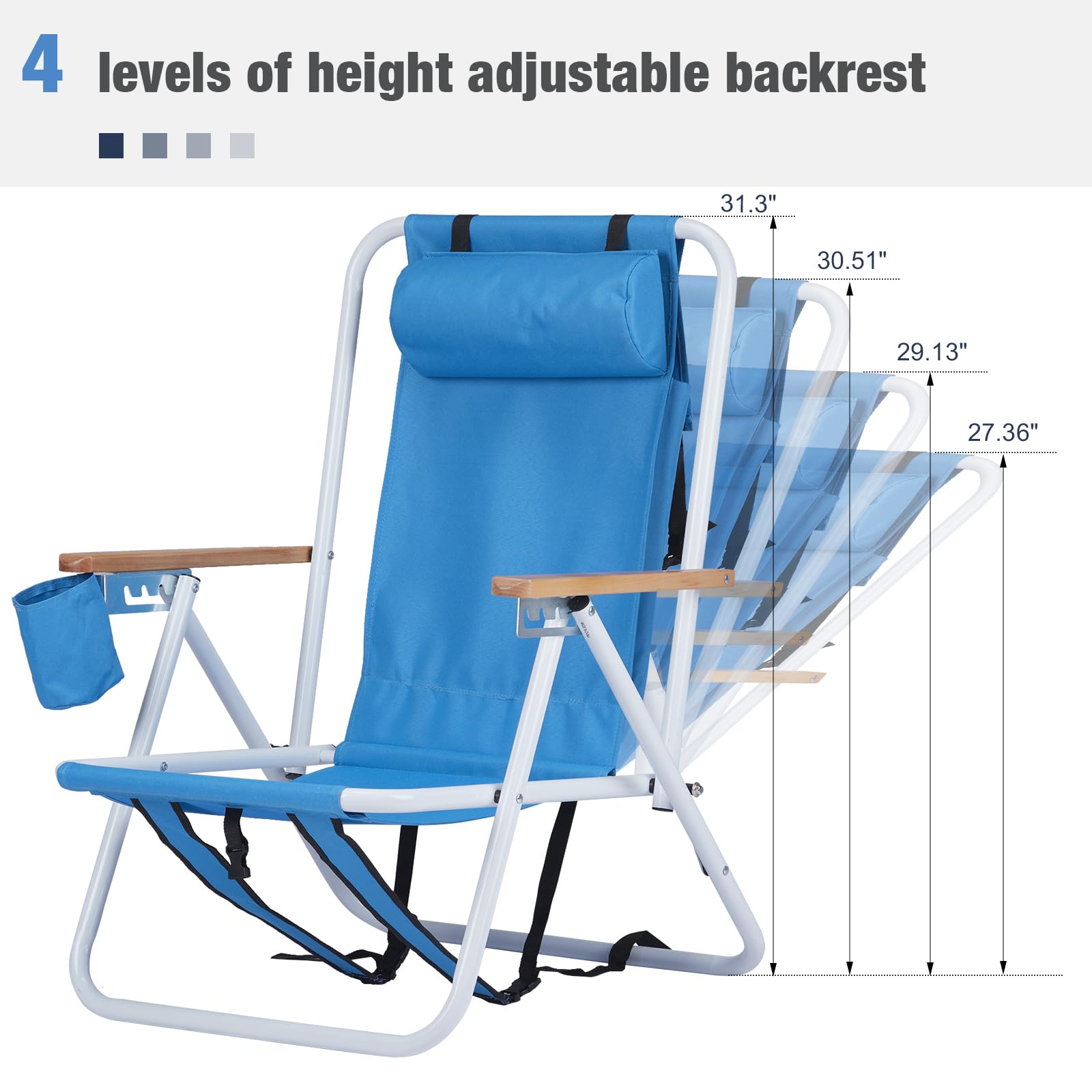 Outopee Set of 2 Folding Beach Chair, Portable Camping Backpack Beach Chair with 4 Level Positions, Adjustable Headrest, Cup Holder for Fishing Poolside Picnic, 120kg Capacity, Blue