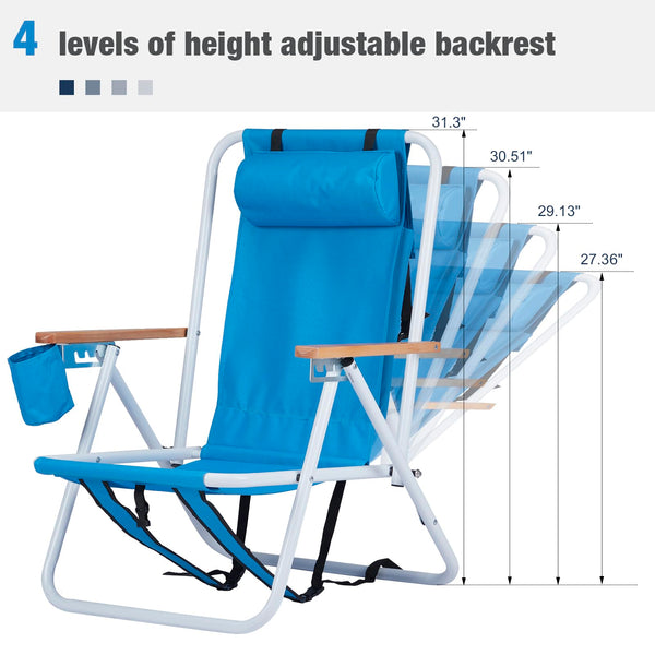 Outopee Set of 2 Folding Beach Chair, Portable Camping Backpack Beach Chair with 4 Level Positions, Adjustable Headrest, Cup Holder for Fishing Poolside Picnic, 120kg Capacity, Blue