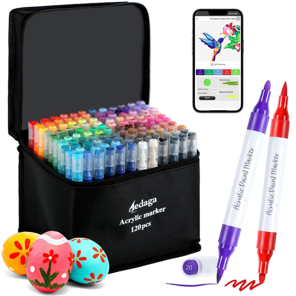 120 Colours Numbered Acrylic Paint Pens with Free App, Dual Tip Acrylic Paint Markers with Brush Tip and Fine Tip for Adults, Kids, Eggs, Wood, Rock,