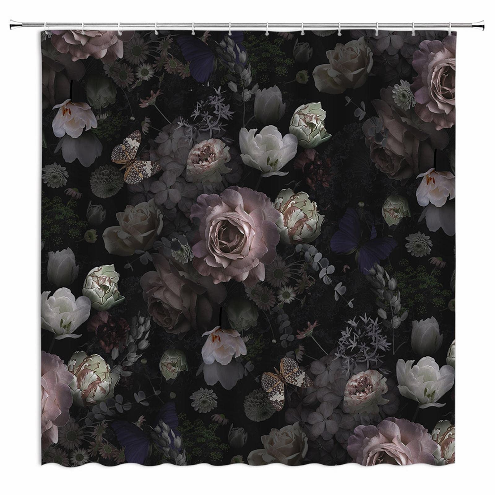 EDOMGNIH Black Floral Shower Curtain Retro Flower Bloosom Rustic Rose Watercolor Peony Vintage Leaves Spring Plant Boho Woman Fabric Bathroom Decor