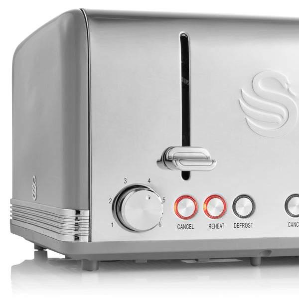 Swan ST19020GRN Retro 4-Slice Toaster with Defost/Reheat/Cancel Functions, Cord Storage, 1600W, Retro Grey