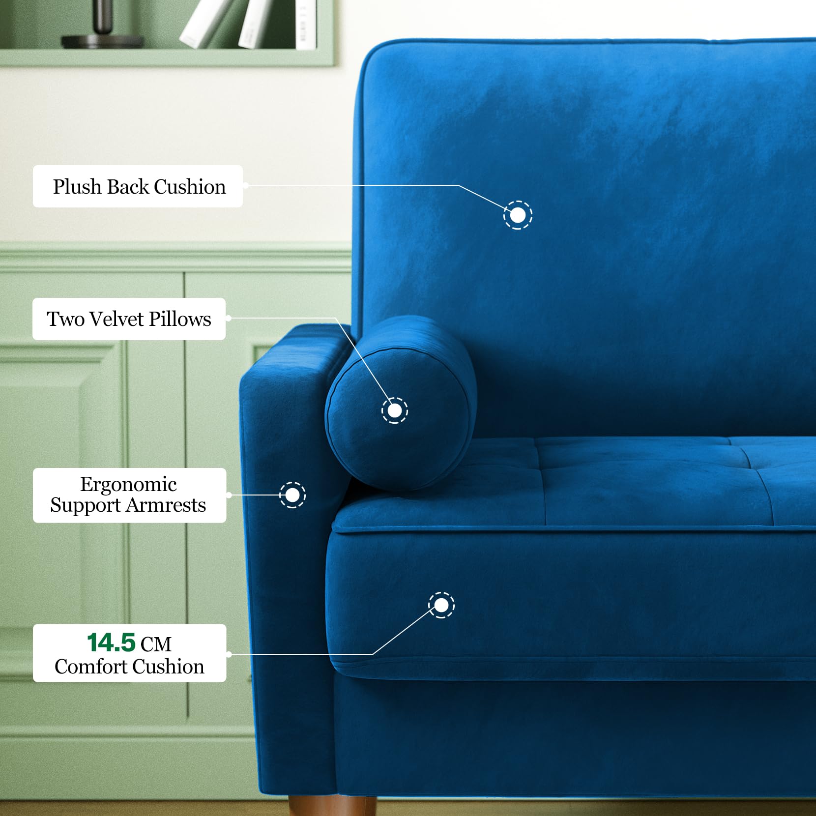 Vesgantti Small 2 Seater Sofa Blue, Comfy Sofa Couch with Spring Cushion, Velvet Sofa with Wood Legs, Modern Love Seat Sofa, Sofa 2 Seater for Living Room, Small Sofa for Bedroom, Blue Office Sofa