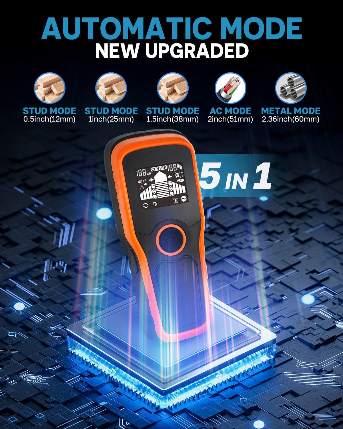 2025 Newest Smart Automatic Stud Finder, 5-in-1 Electronic Wall Scanner Detector with LCD Display & Audio Alarm, Stud Sensor Beam Detector Center Finding for Wood Wire Metal Stud Cable Joist Detection