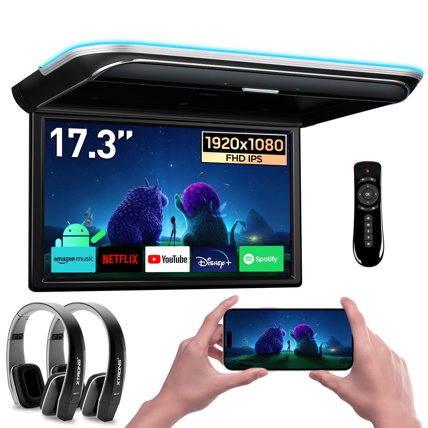 XTRONS 17.3-inch FHD Android 9.0 Car Overhead Flip Down Mount Monitor 8K 1080P IPS Screen Octa-core Car Roof Multimedia Player Car Video With Superior Sound and Screen Mirroring Support HDMI/USB/AV/IR