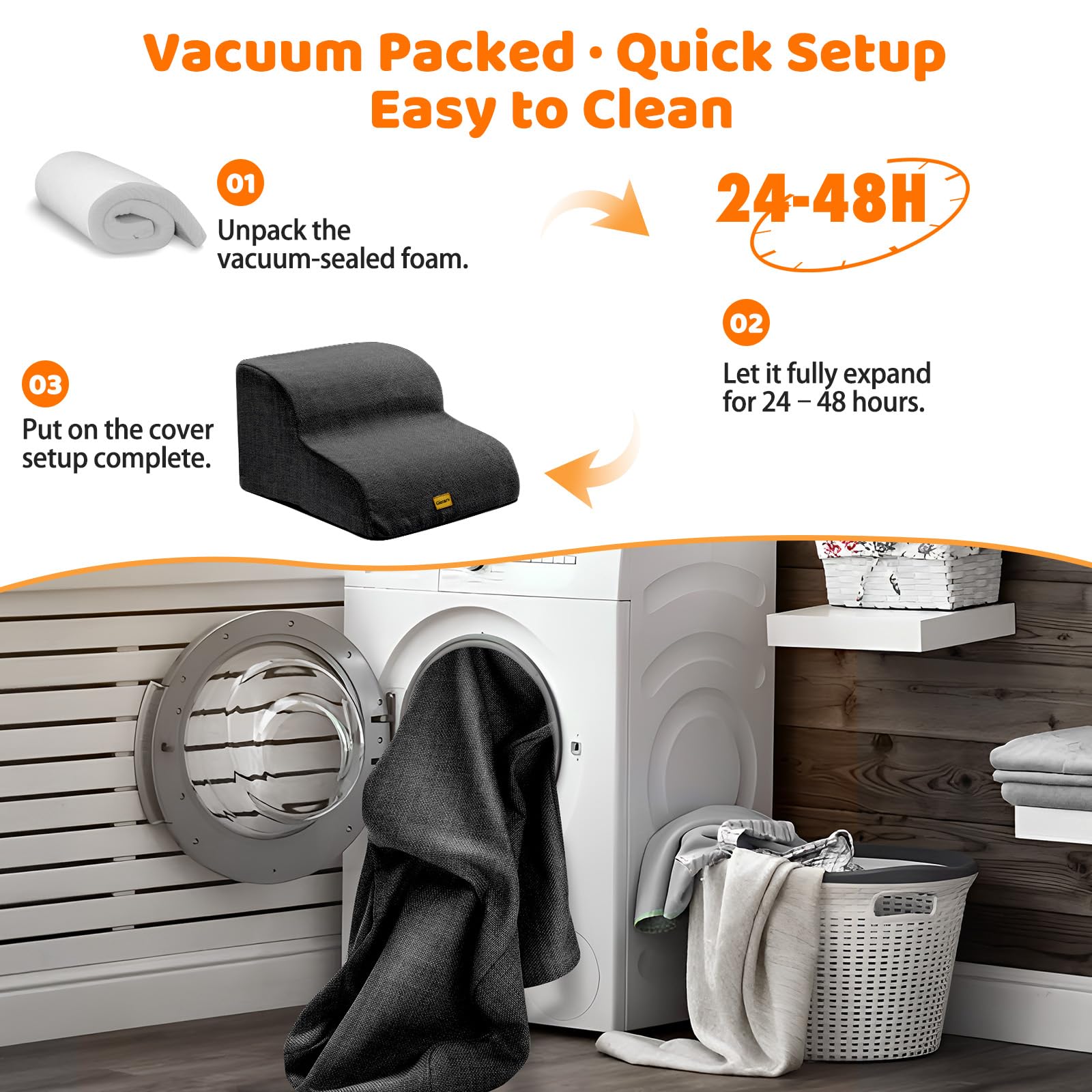 Gimars 30D High-Density Foam & Extra-Wide, Stable 3-Step Dog Stairs, 40cm High Pet Stairs with Washable Cover & Non-Slip Base, Portable Ramp for Small Dogs to Sofa, Bed, Couch, Car