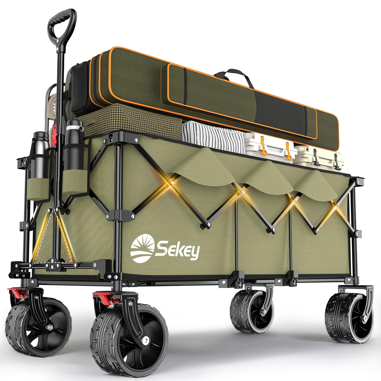 Sekey 200L Folding Festival Trolley with All-Terrain Extra Wide Wheels and Brake, Heavy-Duty Cart Loadable up to 150KG, Patented Four-Directional Foldable Design, Wagon for Beach Camping Outdoor, Grey