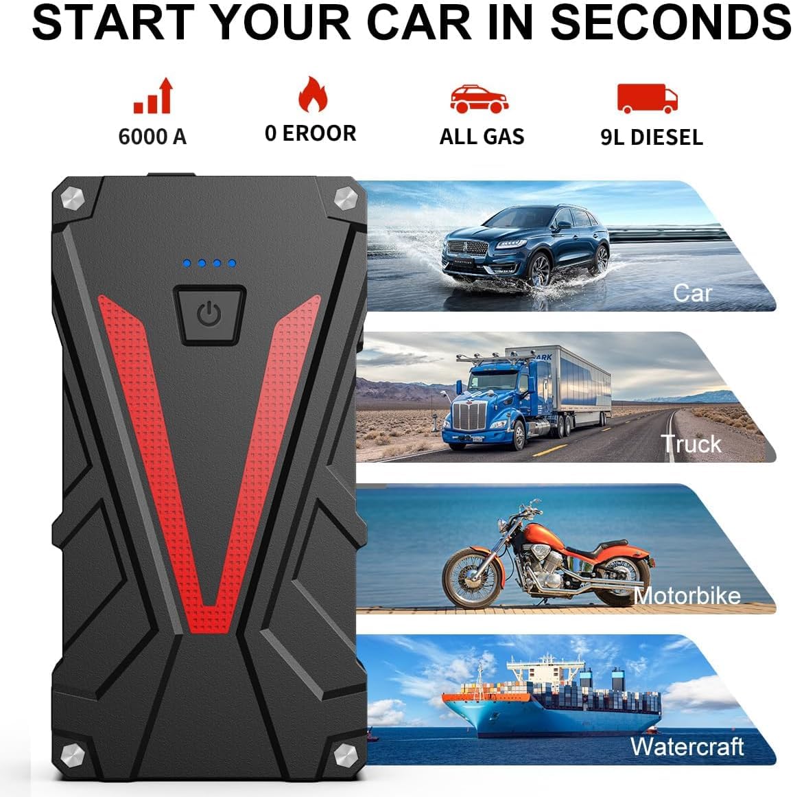 6000A Jump Starter Power Pack,12V Car Jump Starter, Portable Car Battery Booster Jump Starter with Jump Leads,Quick Charge,LED Flashlight