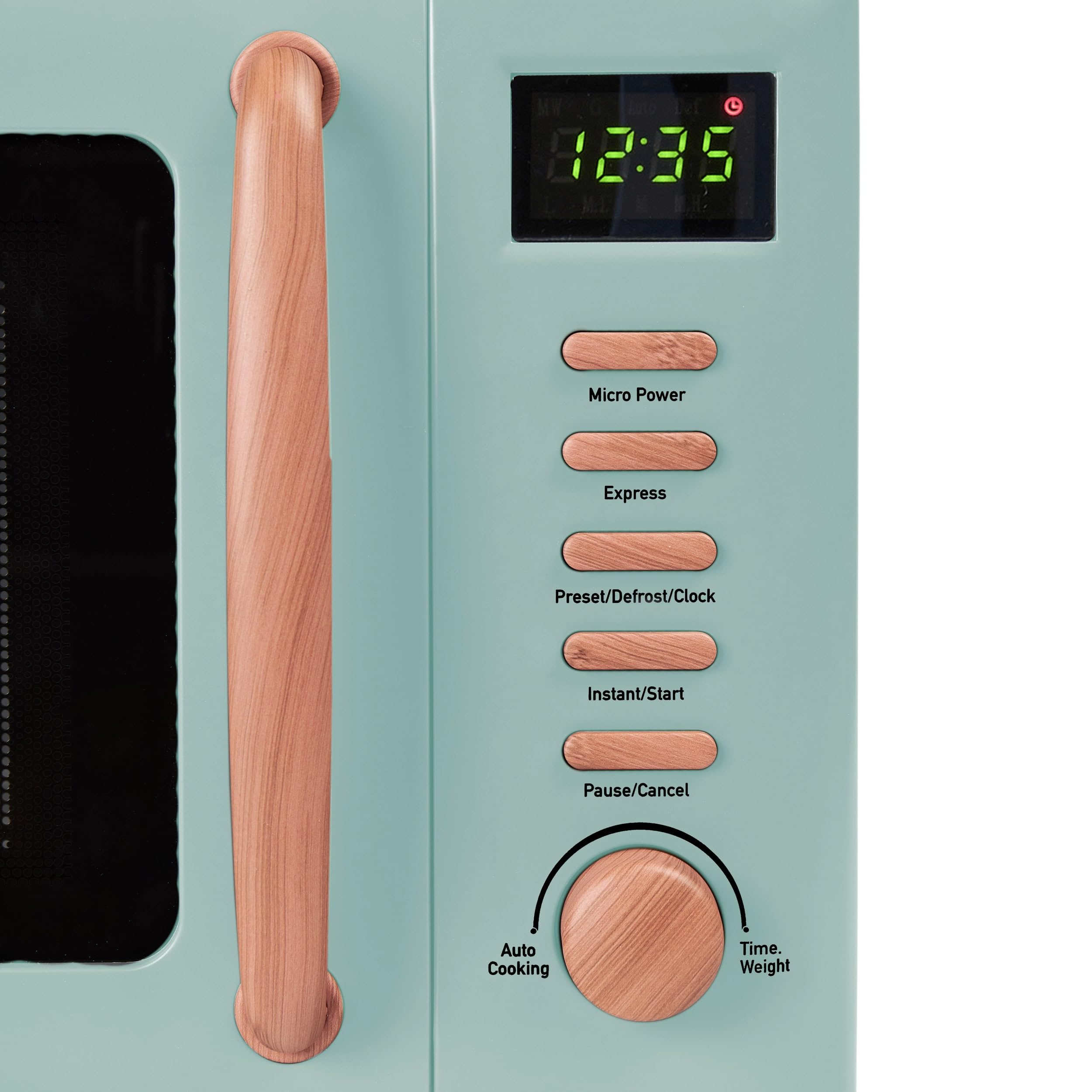 Haden Dorchester Green Microwave Oven - 20L 800W Microwave, Digital Controls, 5 Power Levels - Ideal Countertop Microwave with Wood Effect Finish,