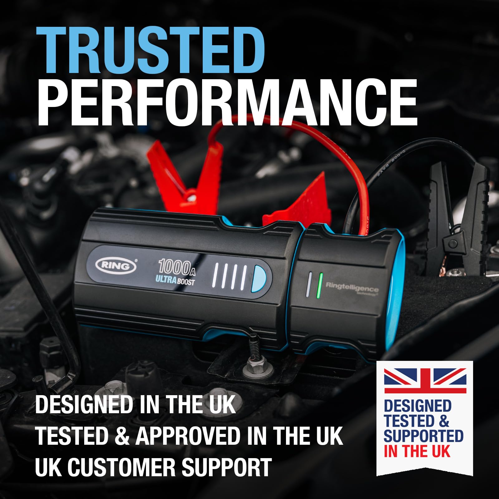 RING ULTRABOOST 1500A Car Battery Jump Starter Power Pack - Safely Starts Up to 6 Litre Petrol and 3 Litre Diesel Engines - Battery Booster with Jump Leads, Portable USB Powerbank and LED Torch