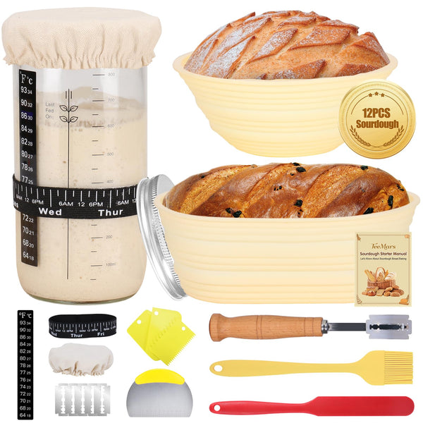 Sourdough Starter Kit for Beginner, 1000ml Sourdough Starter Jar, 2 Bread Proofing Baskets, Thermometer, Feeding Time Tracker, Metal Scraper, Easy to