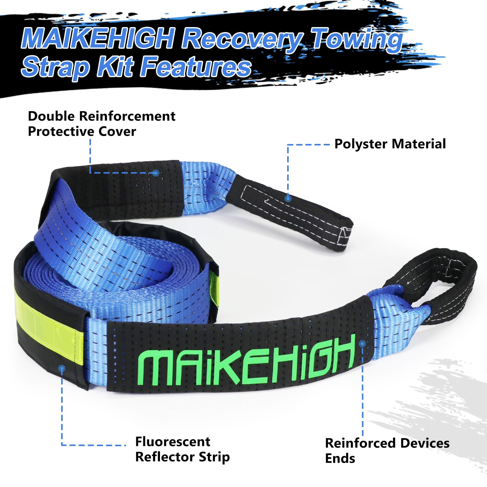 MAIKEHIGH Towing Rope 15 Ton (33,700 Lbs), 6M x 7.6cm Off-Road Recovery Tow Strap with 2 Gloves for Car, Truck, SUV, Snow (Green)