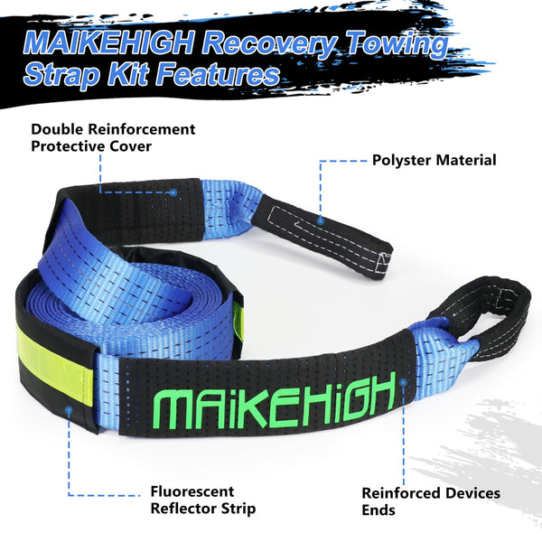 MAIKEHIGH Towing Rope 15 Ton (33,700 Lbs), 6M x 7.6cm Off-Road Recovery Tow Strap with 2 Gloves for Car, Truck, SUV, Snow (Green)