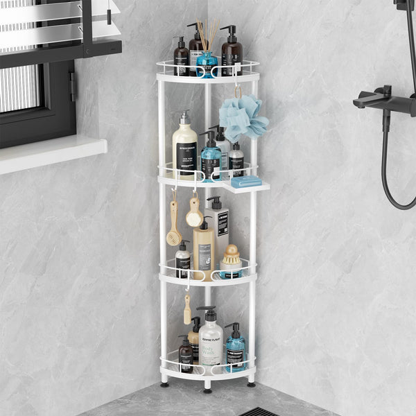 SWTYMIKI Corner Shower Caddy Standing - 4 Tier Stainless Steel Shower Organizer Stand with 4 Hooks & Soap Holder, Rustproof Metal Standing Tall Floor