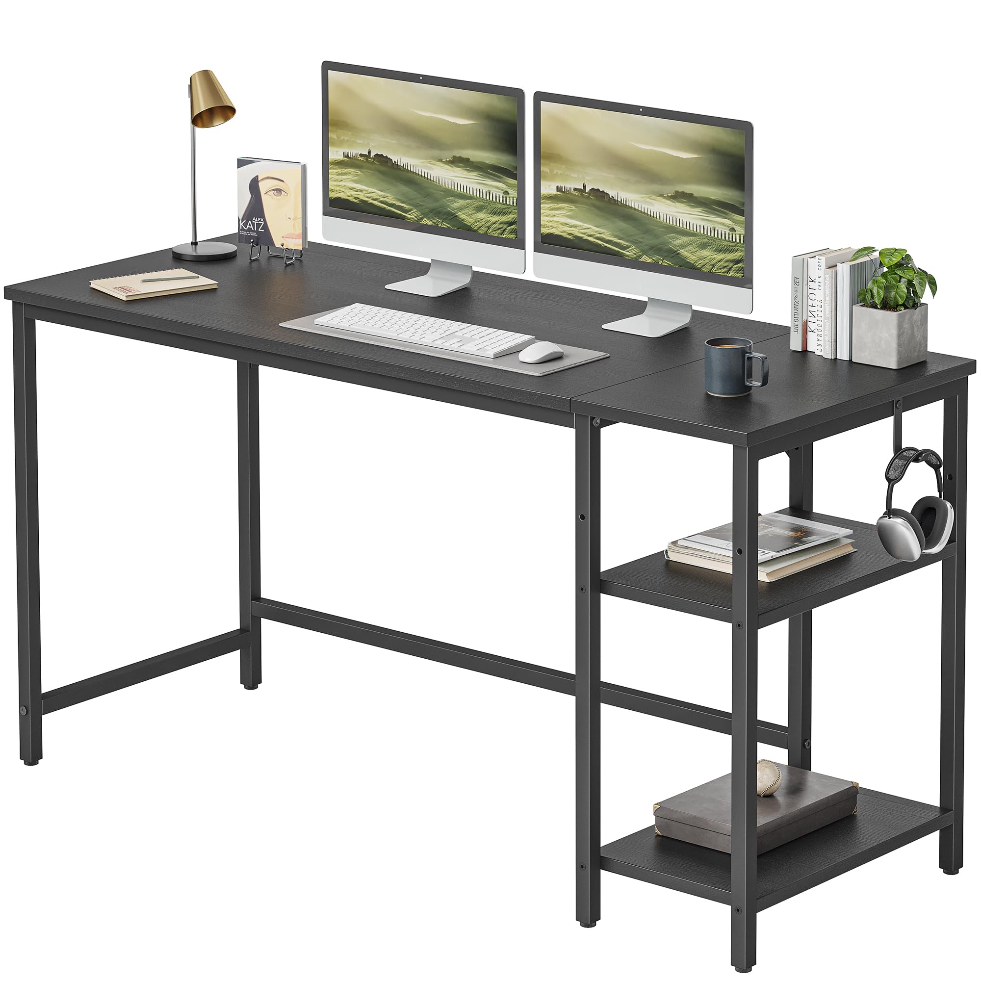 CubiCubi Computer Desk with Monitor Stand and Storage Shelves, 120cm Home Office Desk Study Writing Table, White
