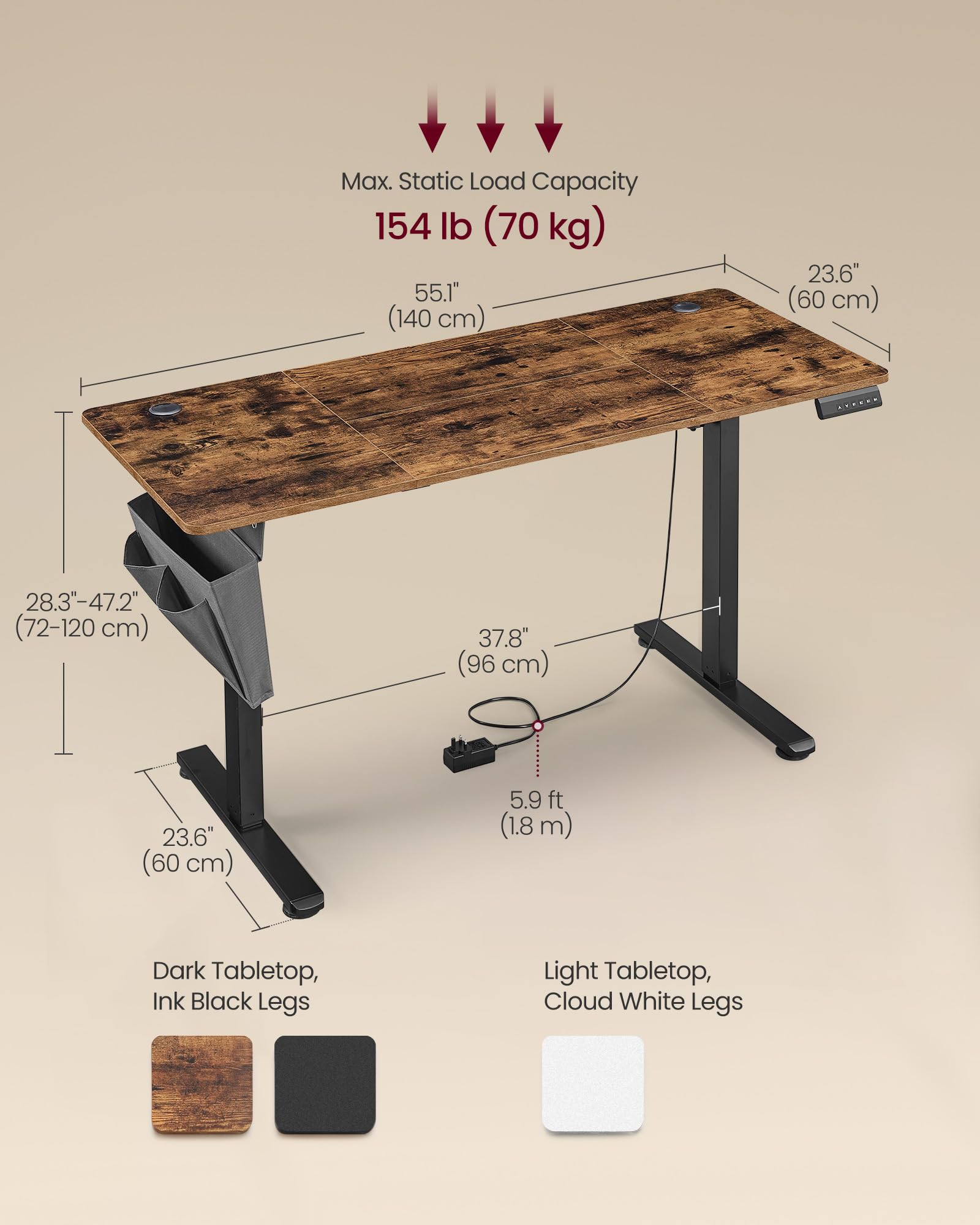 VASAGLE Electric Standing Desk, Height Adjustable Desk, 60 x 140 x (72-120) cm, 4 Memory Heights, Storage Pocket, for Home Office, Study, Rustic Brown and Ink Black LSD134K02