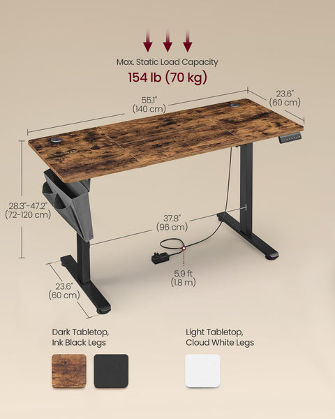 VASAGLE Electric Standing Desk, Height Adjustable Desk, 60 x 140 x (72-120) cm, 4 Memory Heights, Storage Pocket, for Home Office, Study, Rustic Brown and Ink Black LSD134K02