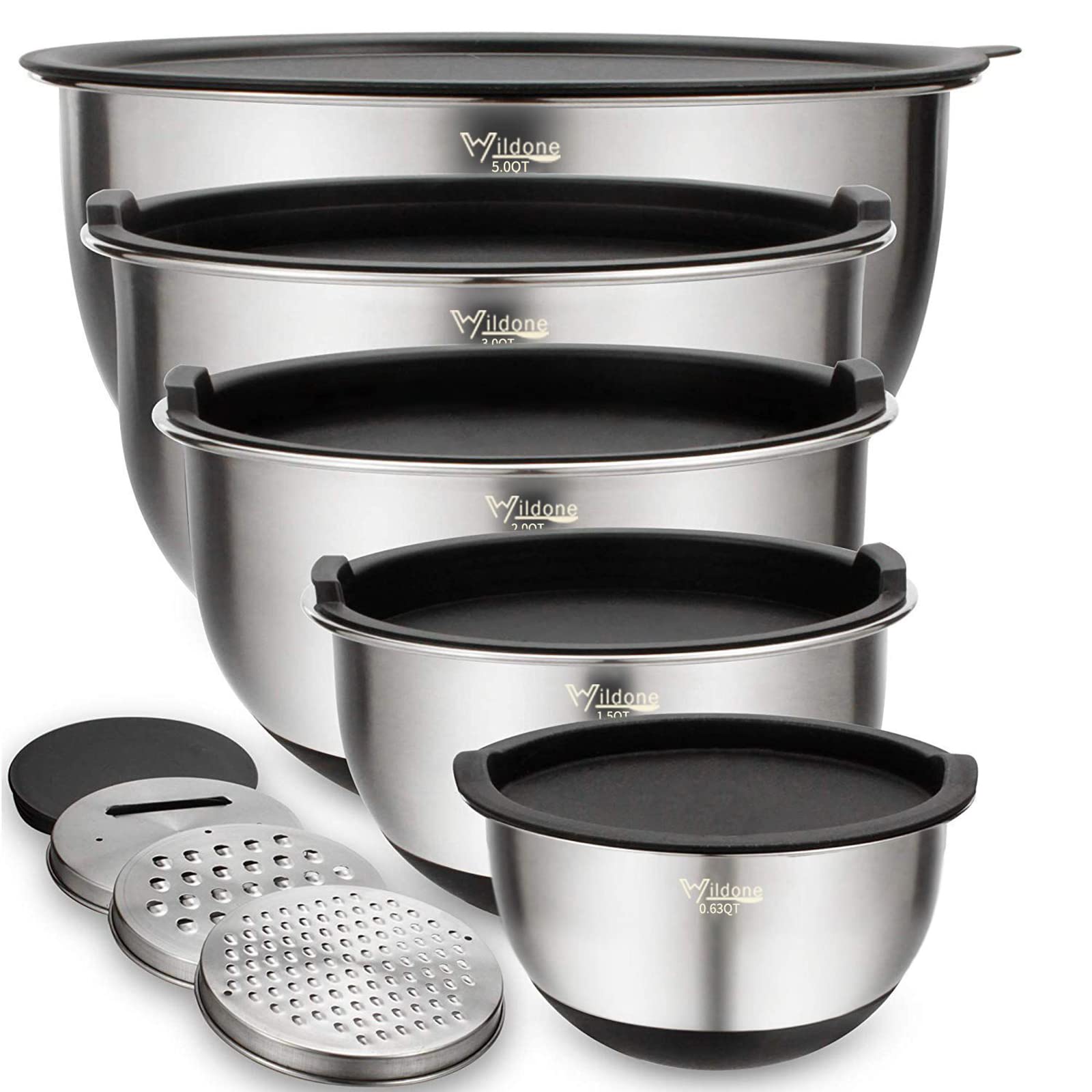 Wildone Mixing Bowls Set of 5, Stainless Steel Nesting Bowls with Airtight Lids, 3 Grater Attachments, Measurement Marks & Non-Slip Bottoms, Size 5,