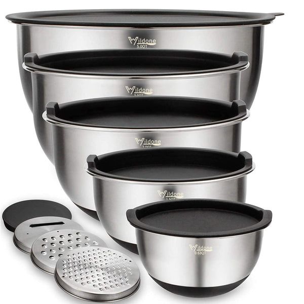 Wildone Mixing Bowls Set of 5, Stainless Steel Nesting Bowls with Airtight Lids, 3 Grater Attachments, Measurement Marks & Non-Slip Bottoms, Size 5,