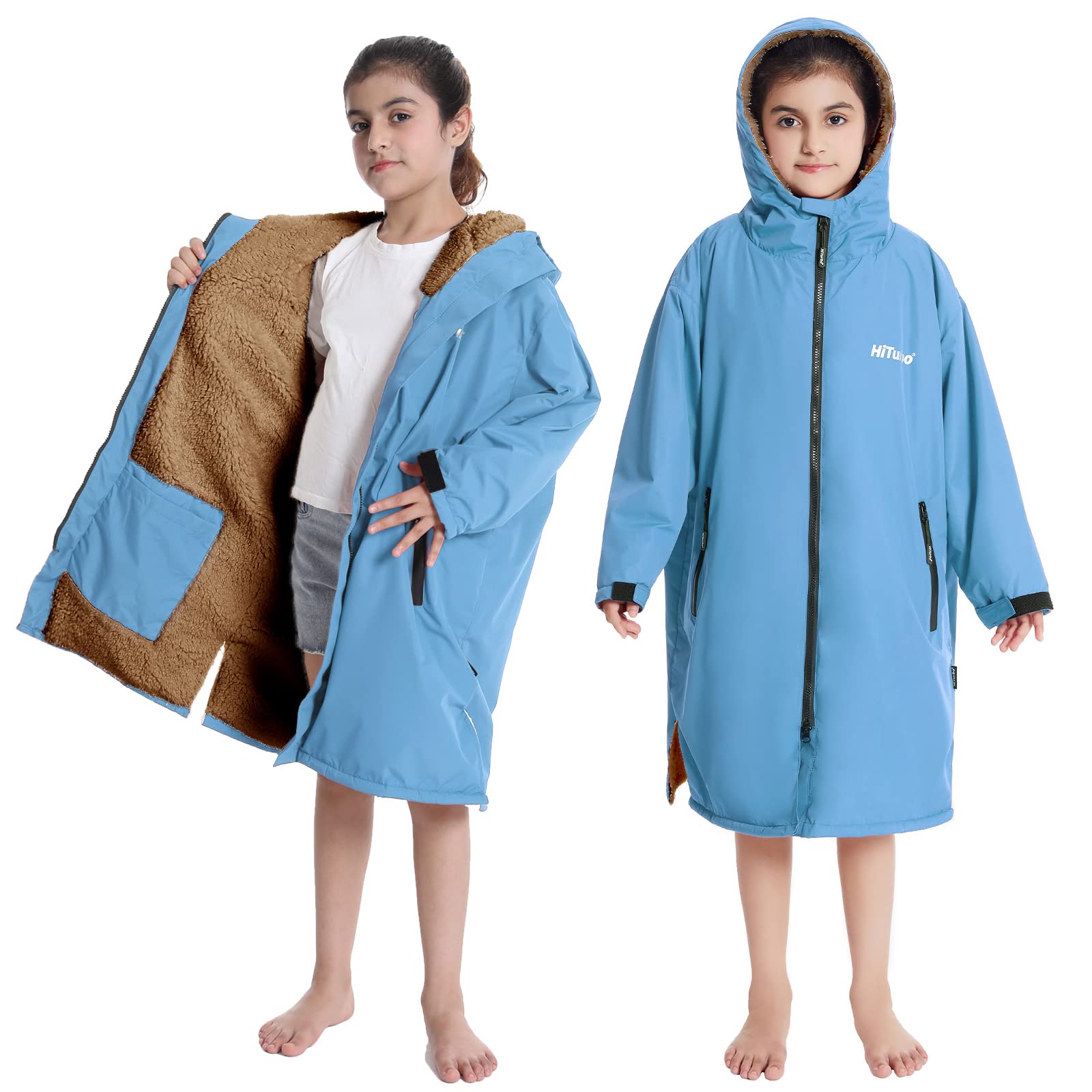 Hiturbo Kids Waterproof Changing Robe: Windproof Warm Swim Robe Oversized Surf Coat with Thick Fleece Lining Blue