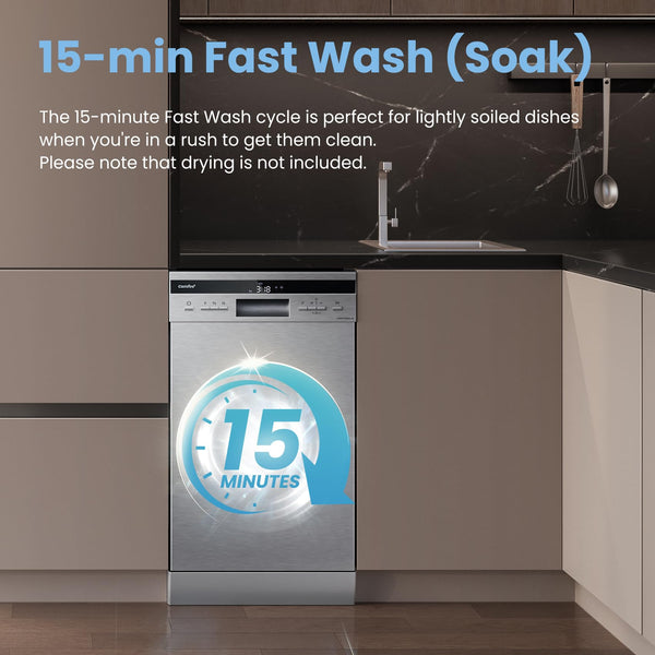 COMFEE' Freestanding Dishwasher CDWEF1034BW-UK 45cm Width, Slimline Dishwasher with 10 place settings, Quick Wash, Hygiene Wash, Delay Start, Half Load, Adjustable Basket - White