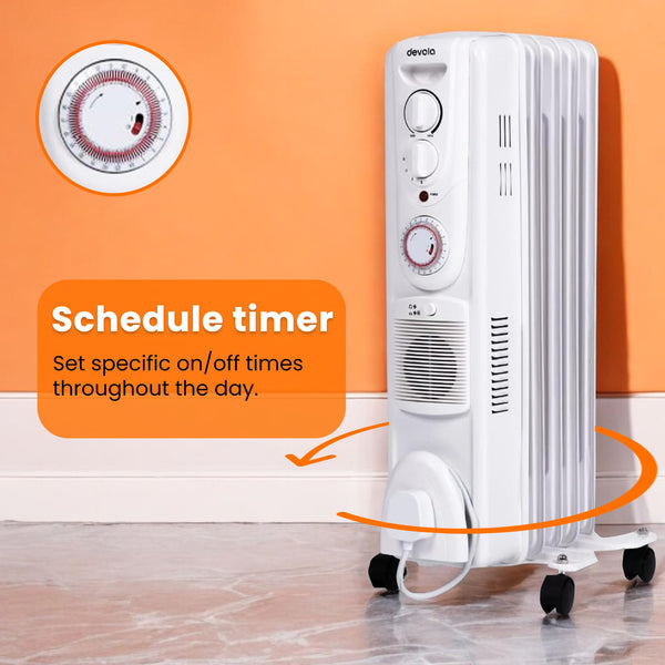 Devola 1500W 5 Fin Oil Filled Radiator, Low Energy Electric Heater with Thermal Fuse for Overheat Cut Off, Adjustable Heating Dial, Turbo Heating Option via PTC Fan, 24 Hour Timer - DVSOR5F15W (White)