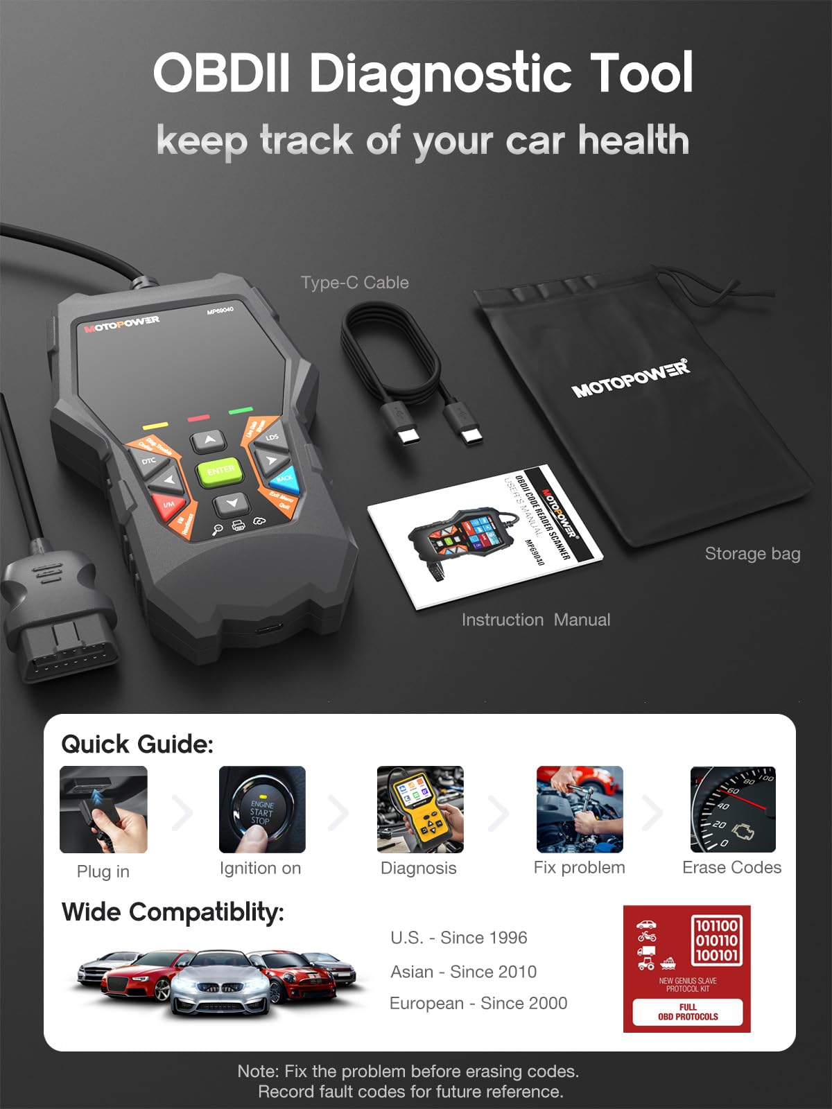 MOTOPOWER MP69040 Car OBD2 Scanner Check Engine Fault Code Reader Diagnostic Scan Tool, Black