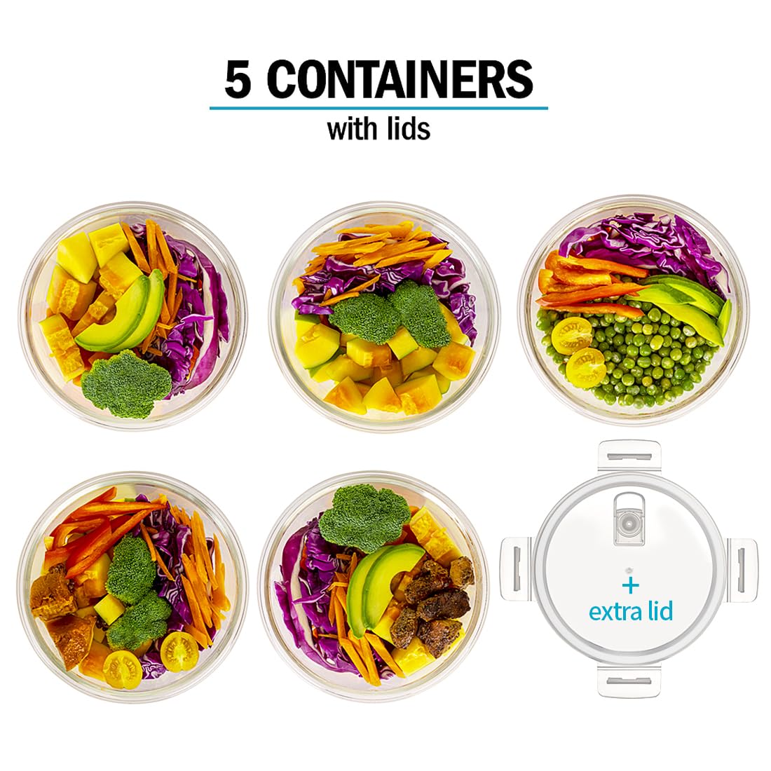 Igluu Meal Prep Glass Containers [5 PACK + EXTRA lid] - Glass Food Storage, Microwave, Oven, Freezer & Dishwasher-safe - Airtight Meal Prep Boxes with