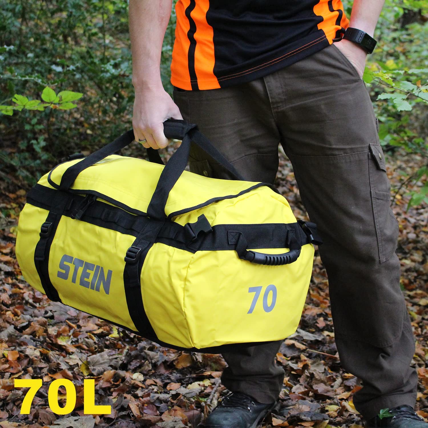 STEIN 40L, 70L, 90L Waterproof Holdall Bag & Rucksack, Durable PVC for Outdoors, Camping, Sports, Watersports (70L, Orange)