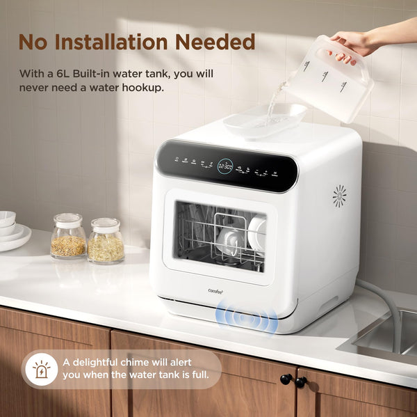 COMFEE' Table Top Dishwasher with 6 Place Settings, Mini Countertop Dishwasher for Small Families, Couples, LED display, Delay Start, 47dB Quiet Noise, White
