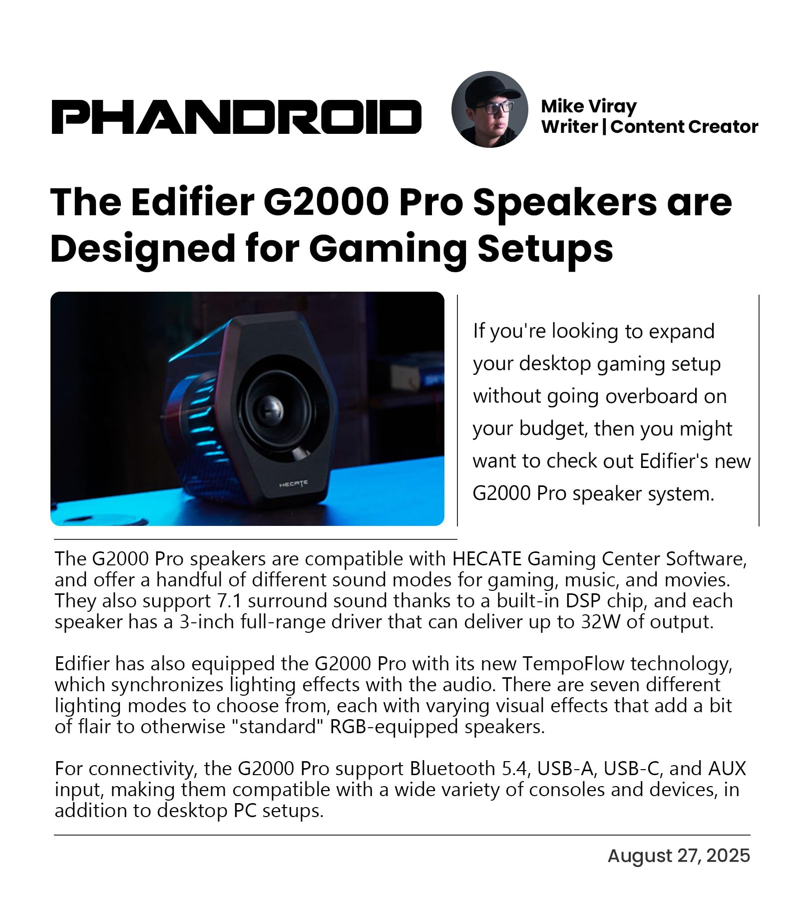 Edifier G2000 Pro 2.0 RGB Gaming Speakers with 64W Peak Power, Virtual 7.1 Surround Sound, 270° TempoFlow Light Sync, Transparent PC Speakers, BT5.4/USB-C/AUX for PC, PS5, Switch, Game Console (Black)
