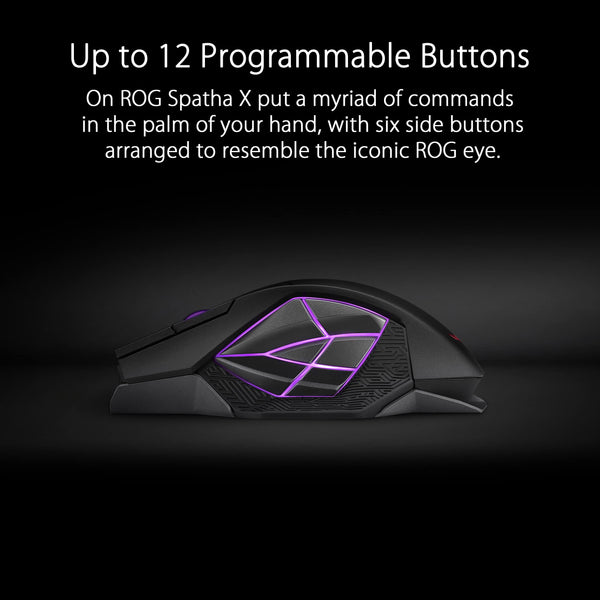 ASUS ROG Spatha X Wireless Gaming Mouse, 24 GHz/Wired USB, 19,000 DPI Optical Sensor, 12 Programmable Buttons, RGB, Swappable Switch Design, Micro Switches, Magnetic Charging Stand, Black