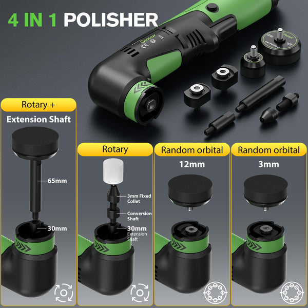Ginour Cordless Car Polisher, 12V2Ah Batteried Car Buffer Polisher Machine, 6 Speed 2800~5000OPM Mini Polisher Rotary & Dual Action Car Polisher for Car Motorcycle Detailing, Backing Plates 2''/1.2''